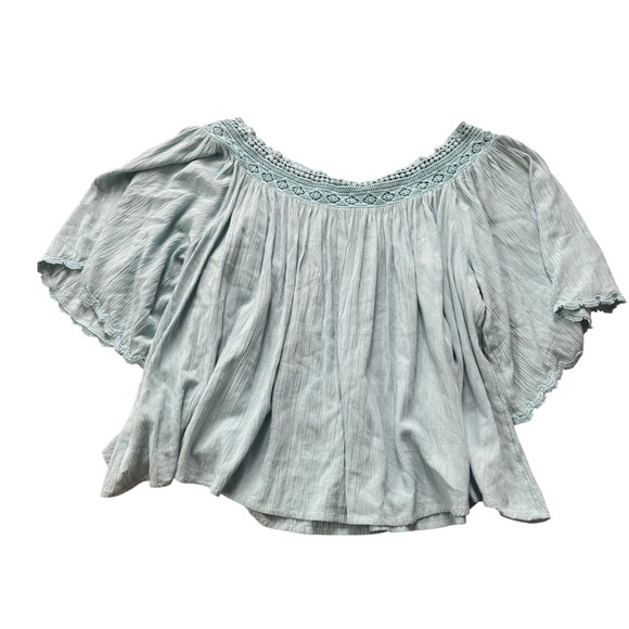 Anthropologie Blue Gauze Blouse Crochet Trim Women's XL Cottagecore Boho Coastal - Picture 2 of 3